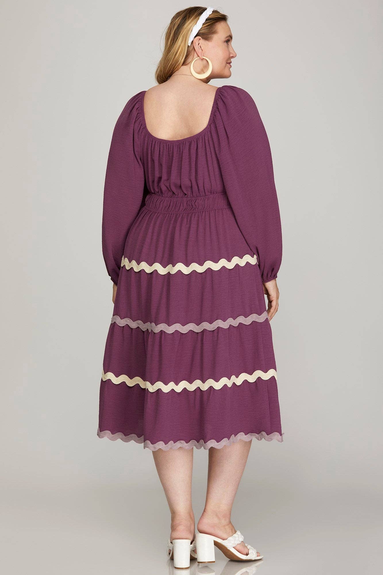 PLUS - LONG SLEEVE WOVEN TIERED RIC RAC TRIM DRESS-SKPSY7180