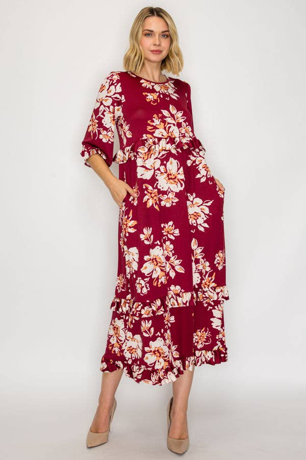 PLUS SIZE TIERED RUFFLE MIDI DRESS WITH SIDE POCKETS