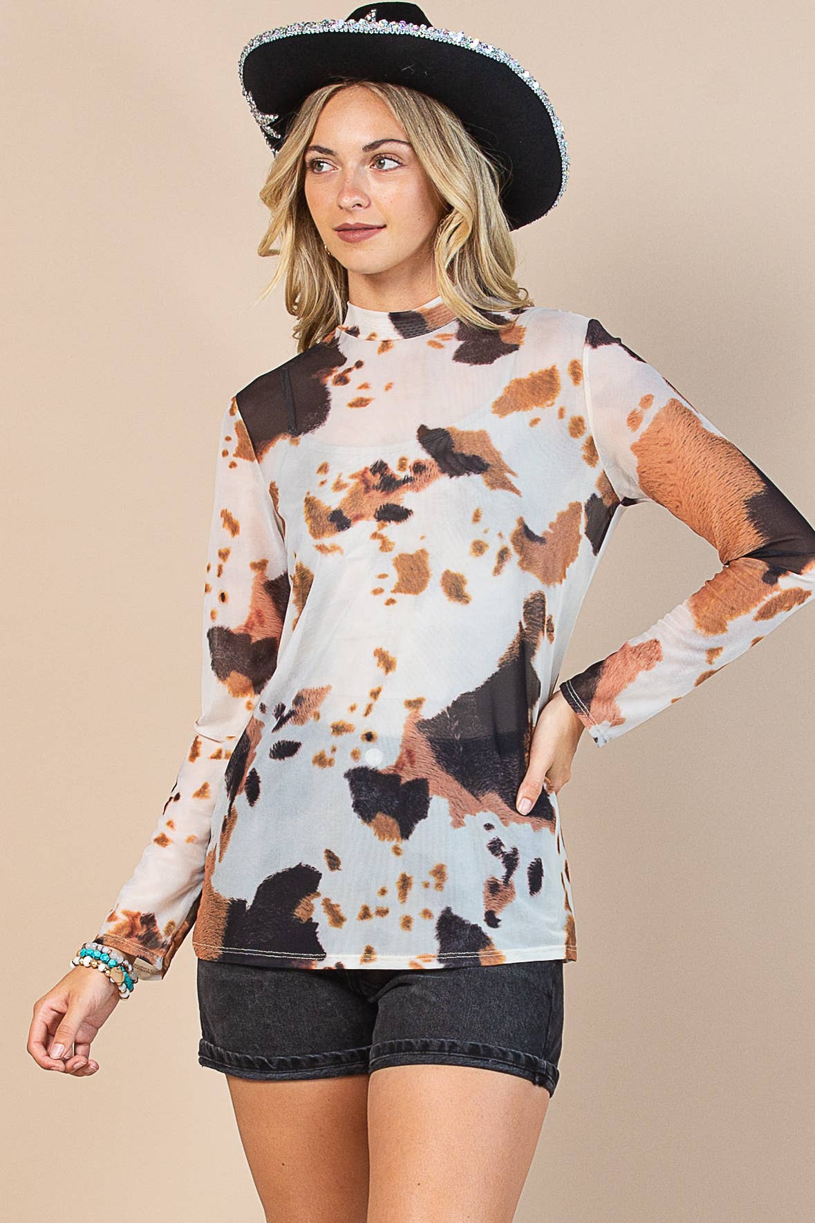 AV1230-LEILA COW PRINT SEMI SHEER MESH TOP