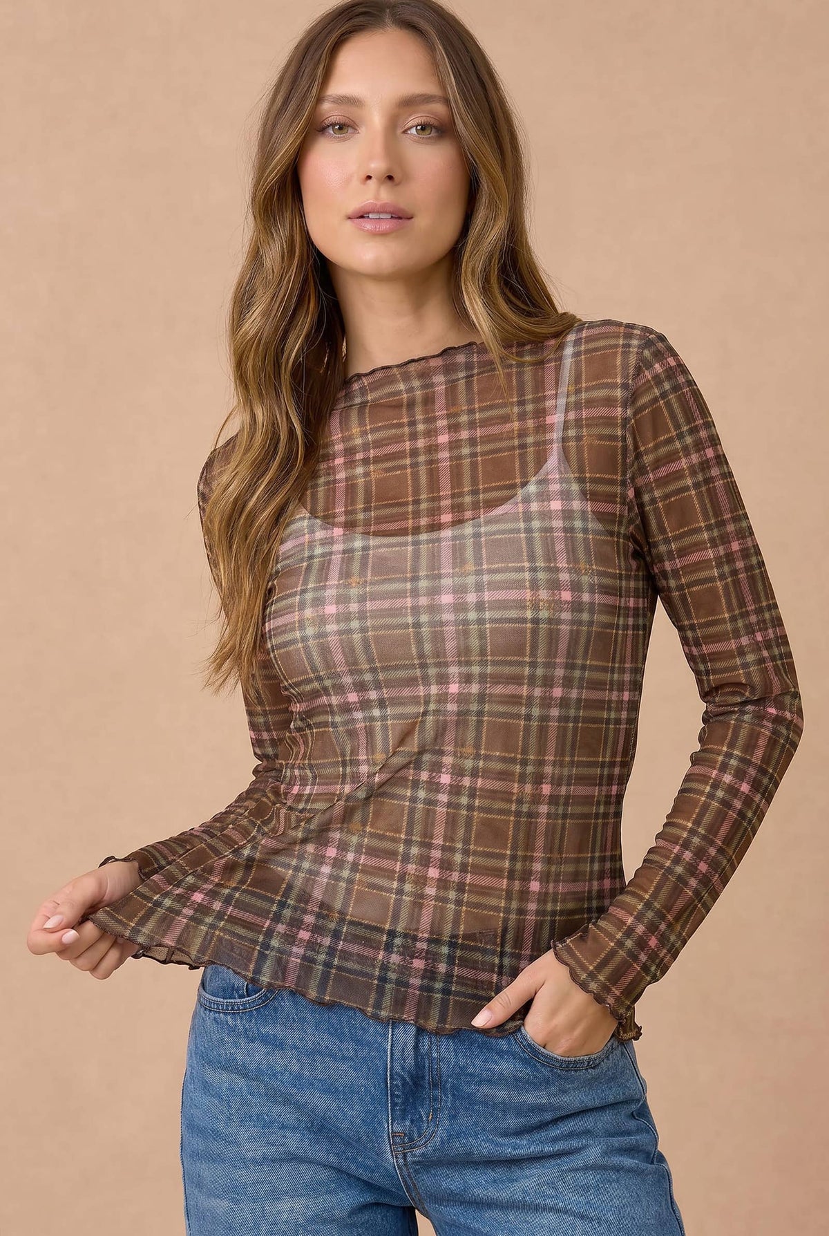 Plus Plaid Mesh Sheer Top