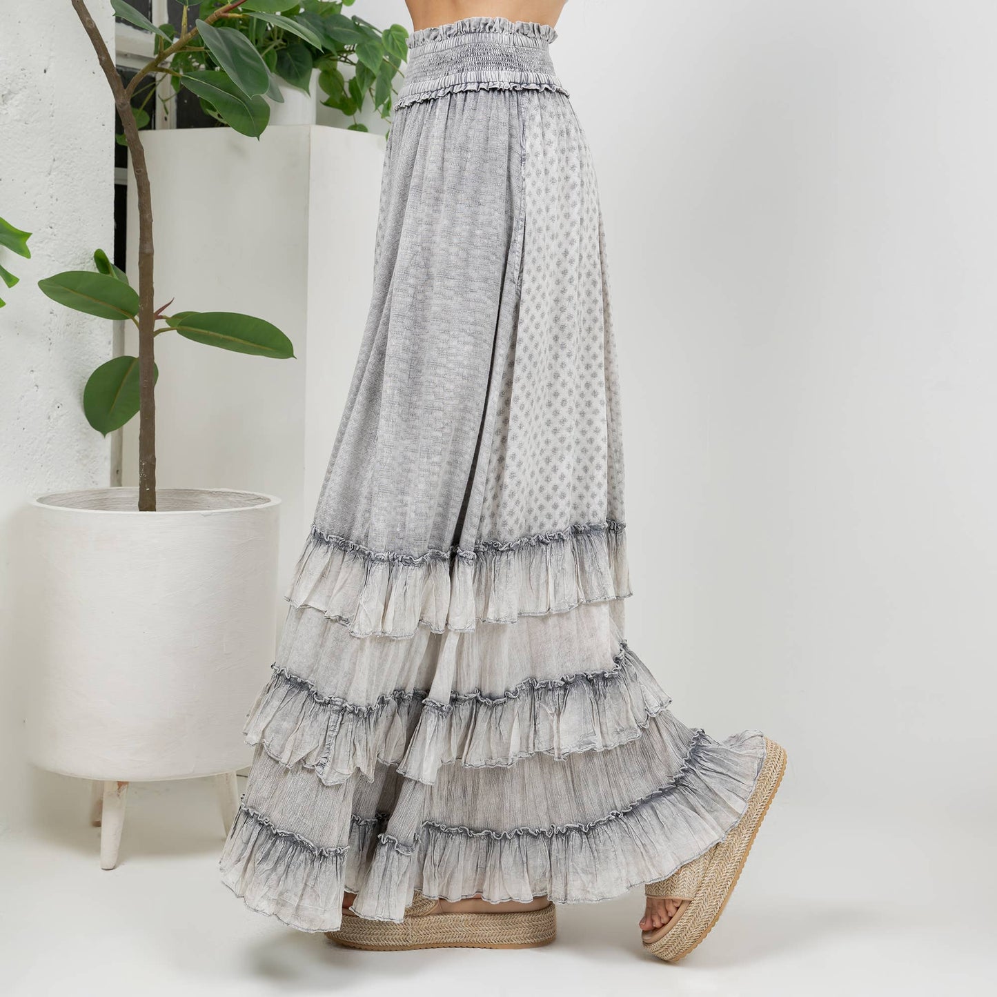 Rustic Smocked Waist Ruffled Tiered Maxi Skirt