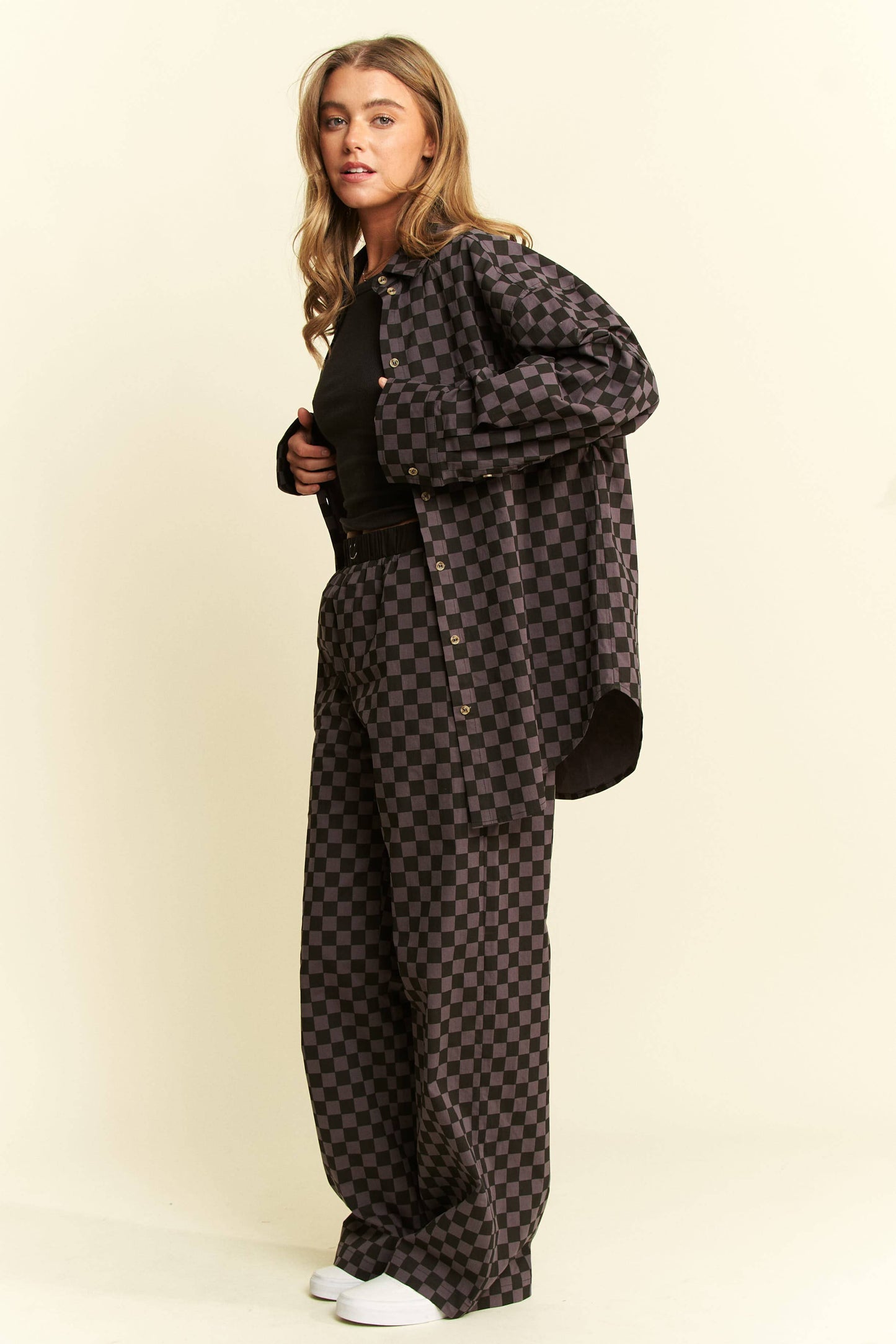 PLUS SIZE COLLARED LONG SLV CHECKERD BUTTON DOWN SHIRT