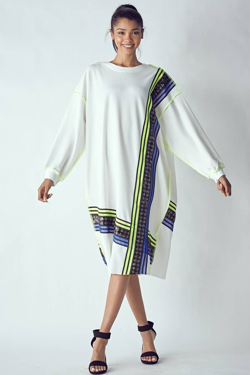 OVERFITTING DRESS WITH SEQUIN AND MESH DETAIL