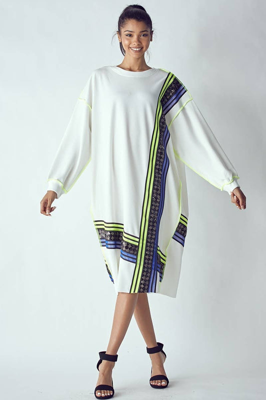 OVERFITTING DRESS WITH SEQUIN AND MESH DETAIL