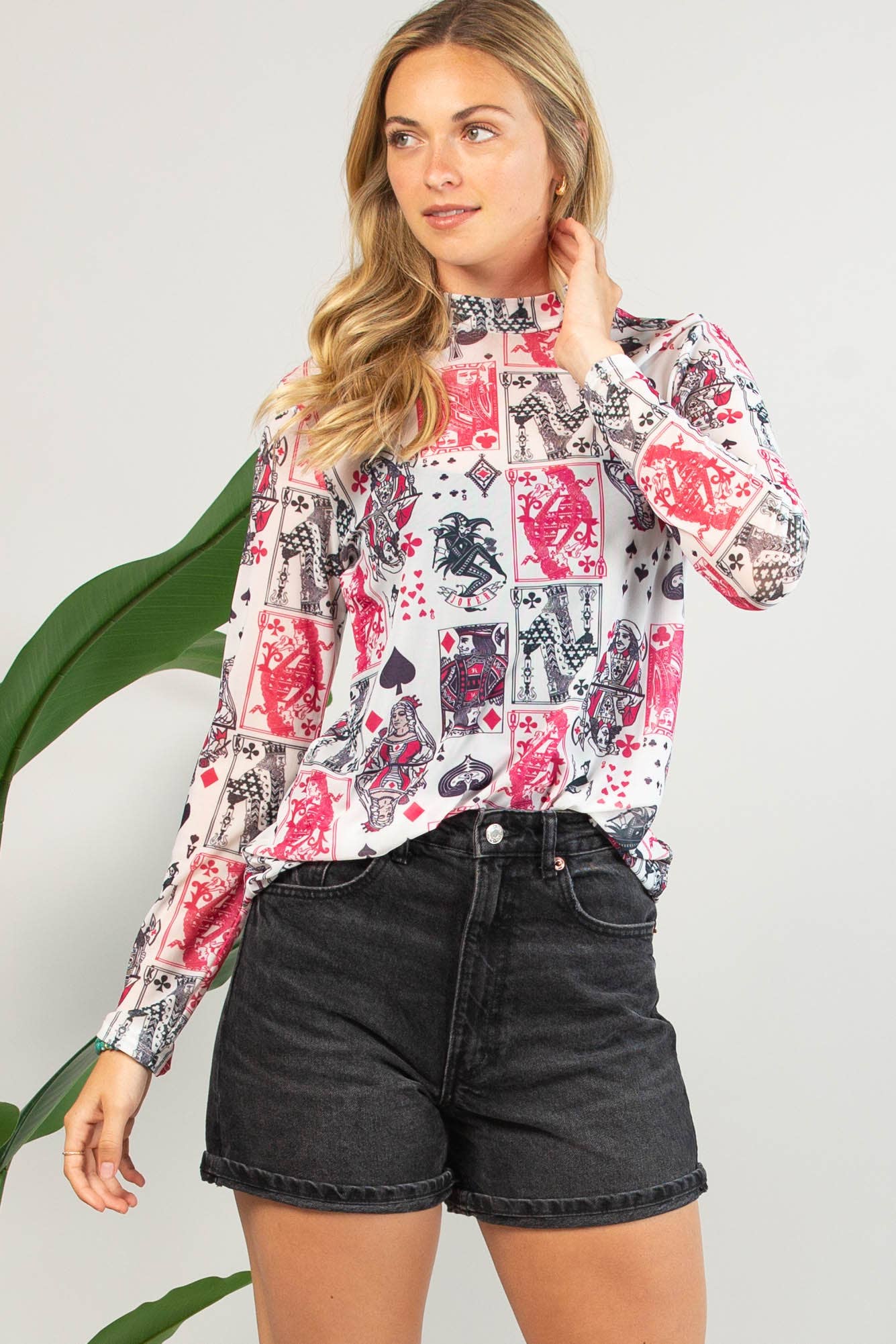 AV1230-ELLEN PLAYING CARDS PRINT SEMI SHEER MESH TOP