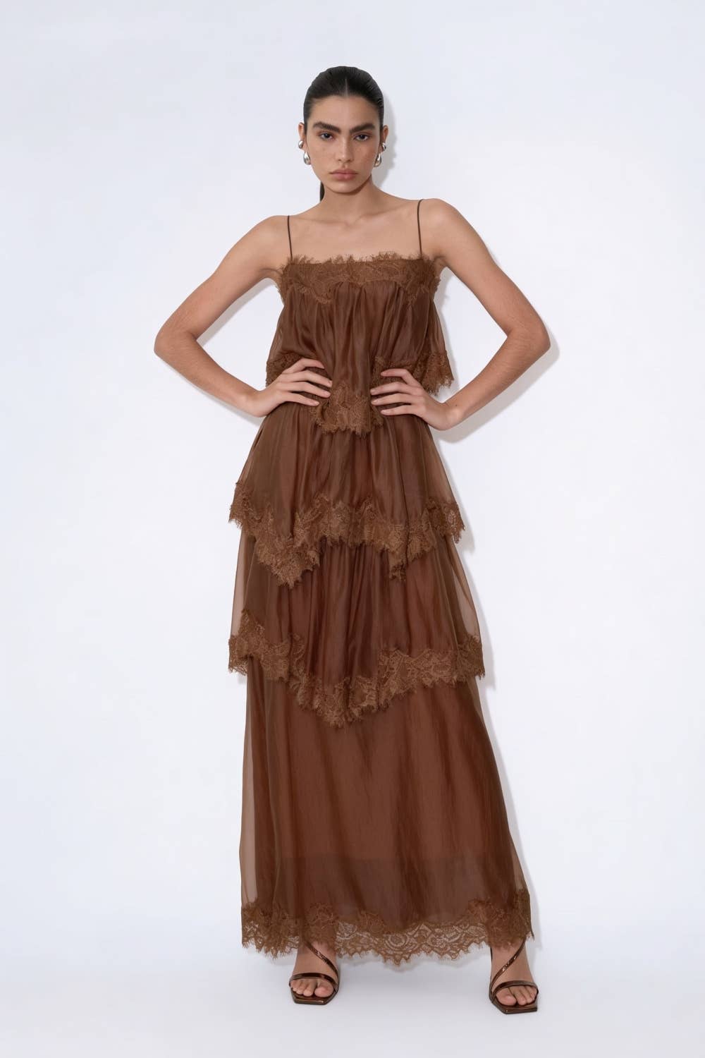 Tiered Lace-Trimmed Maxi Slip Dress