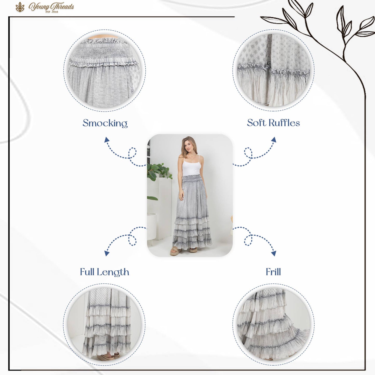 Rustic Smocked Waist Ruffled Tiered Maxi Skirt