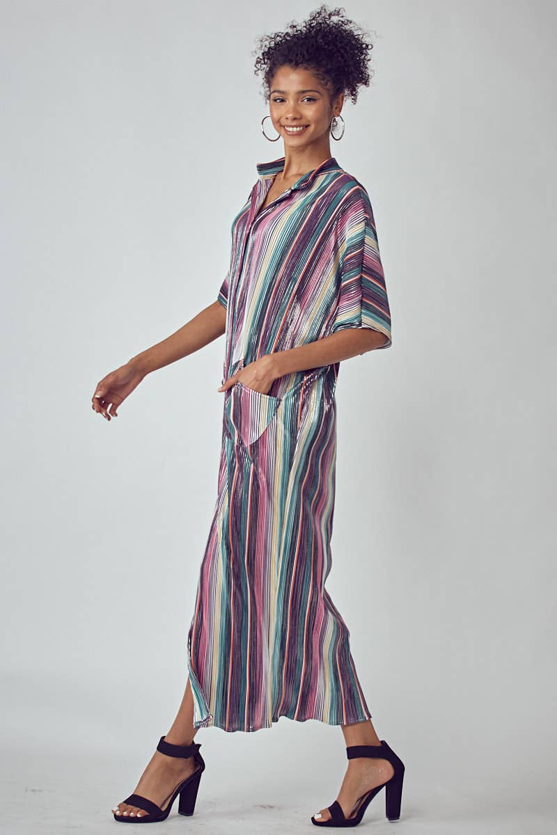 PLEATED METALLIC SOFT DRESS WITH POCKETS