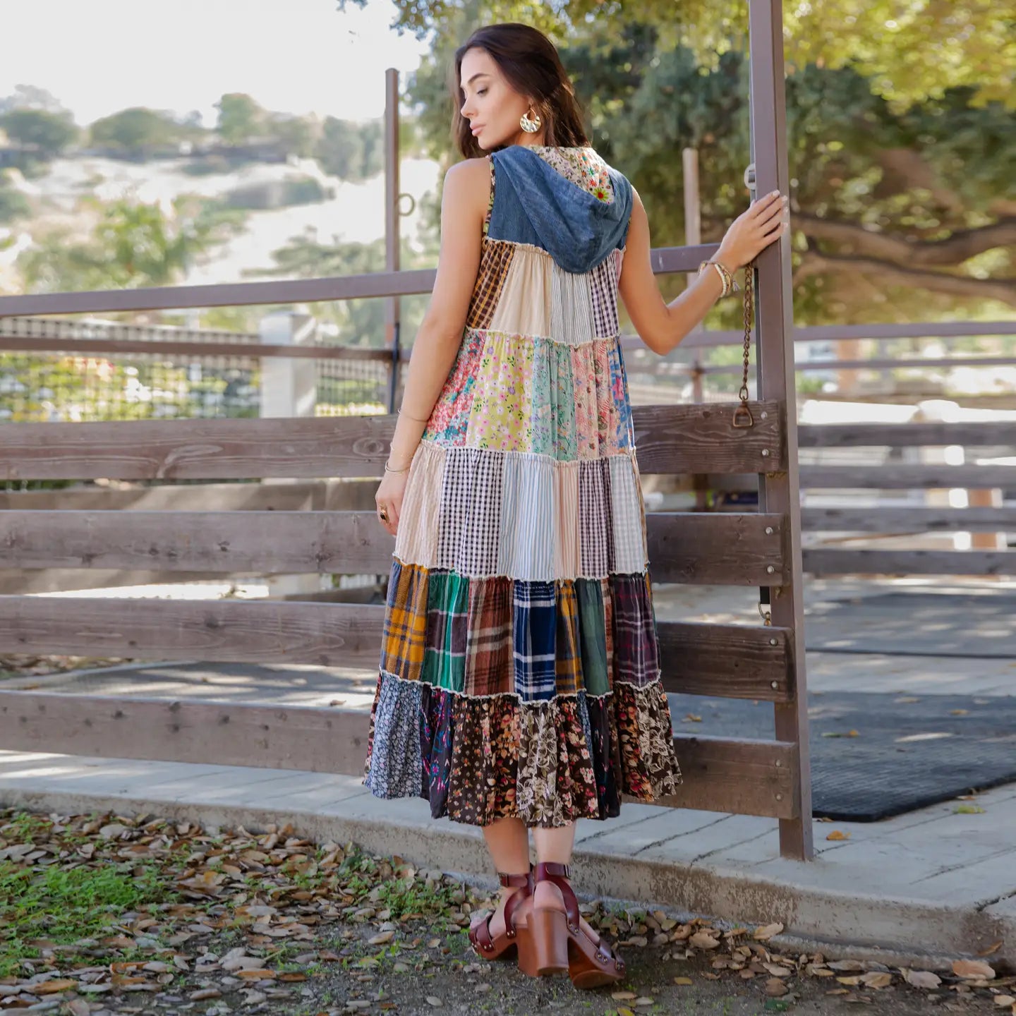 Boho Patchwork Sleeveless Maxi Duster with Hoodie New