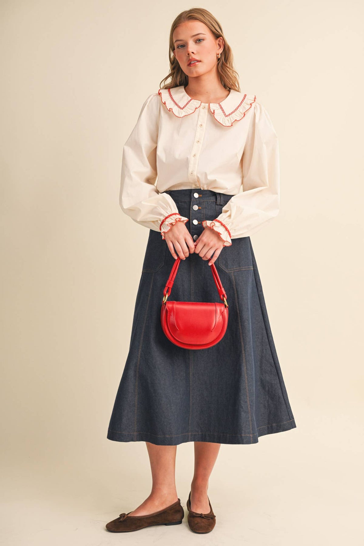 EMBROIDERED RUFFLED DOLL COLLAR BUTTON UP TOP MTP5154