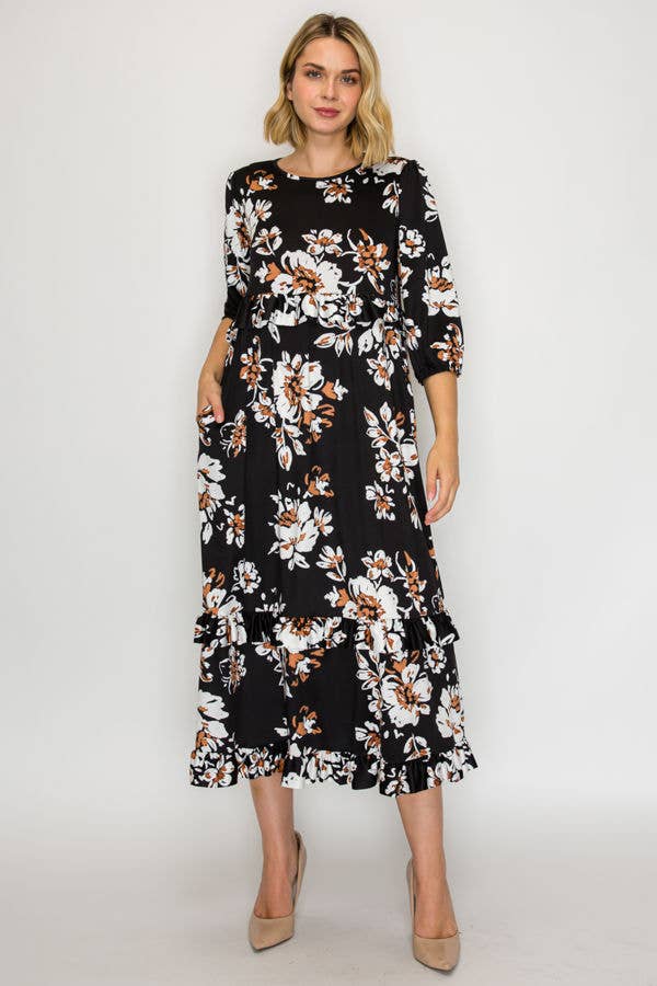 PLUS SIZE TIERED RUFFLE MIDI DRESS WITH SIDE POCKETS
