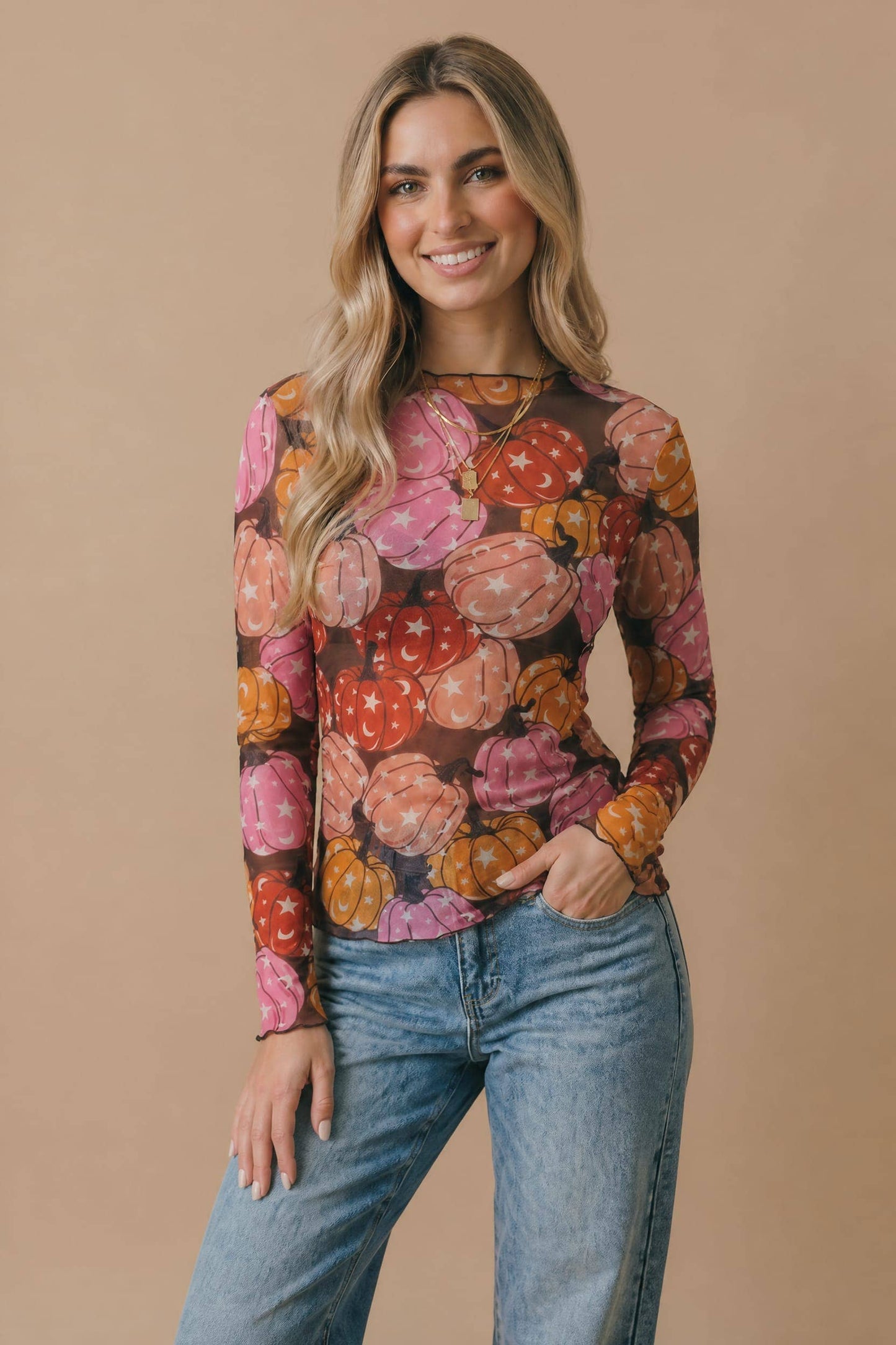 Plus Star and Moon Pumpkin Mesh Top