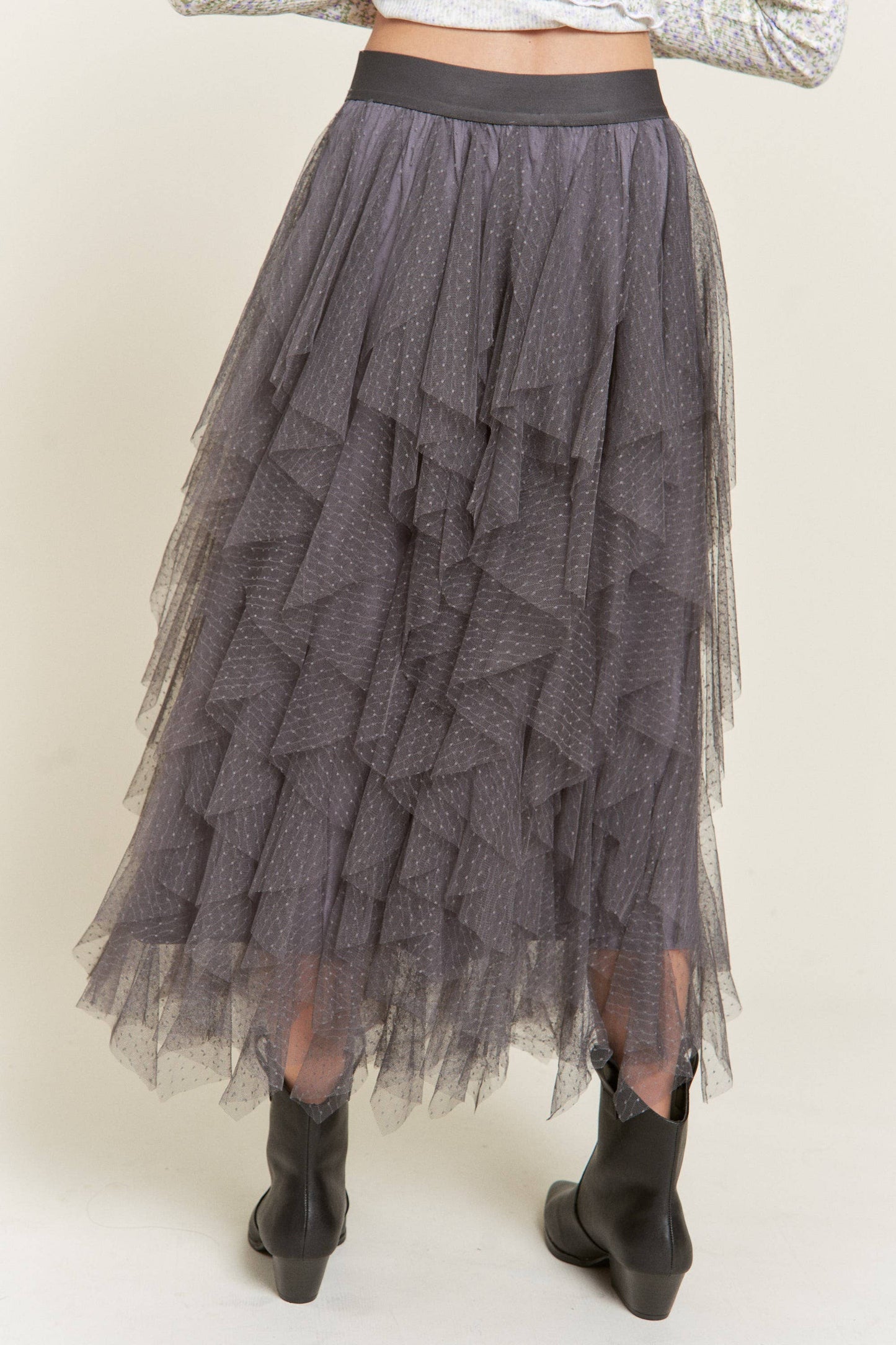 Layered Polka Dot Mesh Lined A-Line Midi Skirt JJB6007
