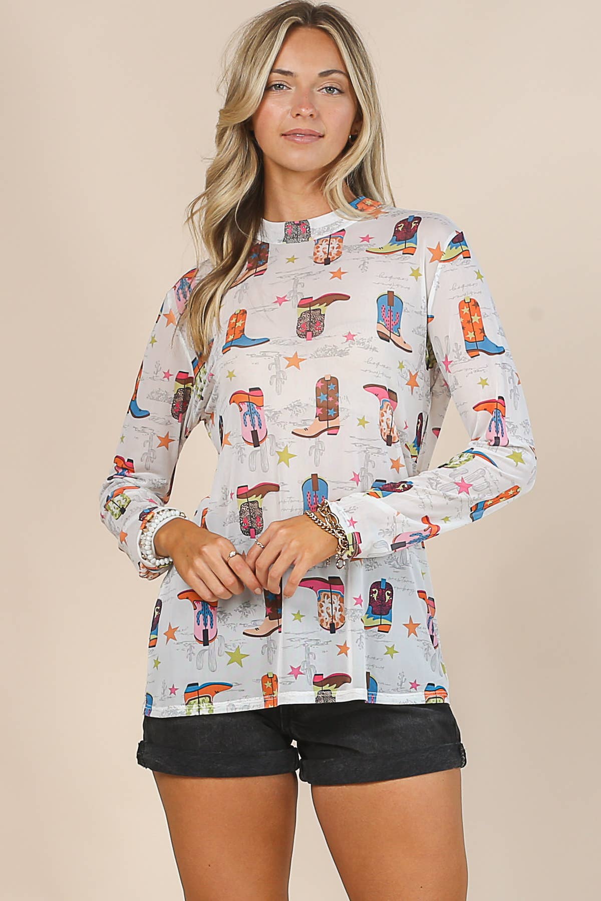 AV1230-GIO BOOTS PRINT MOCK NECK LONG SLEEVE MESH TOP