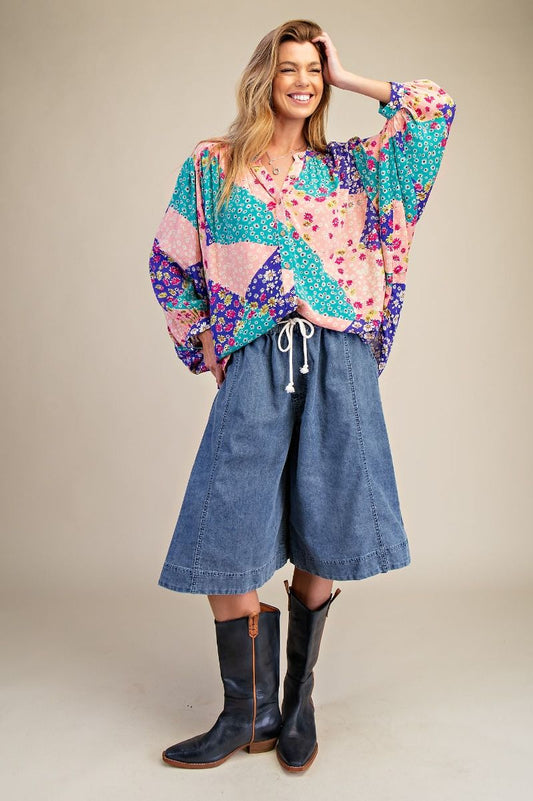PATCHWORK PRINT GAUZE BUTTON DOWN TOP