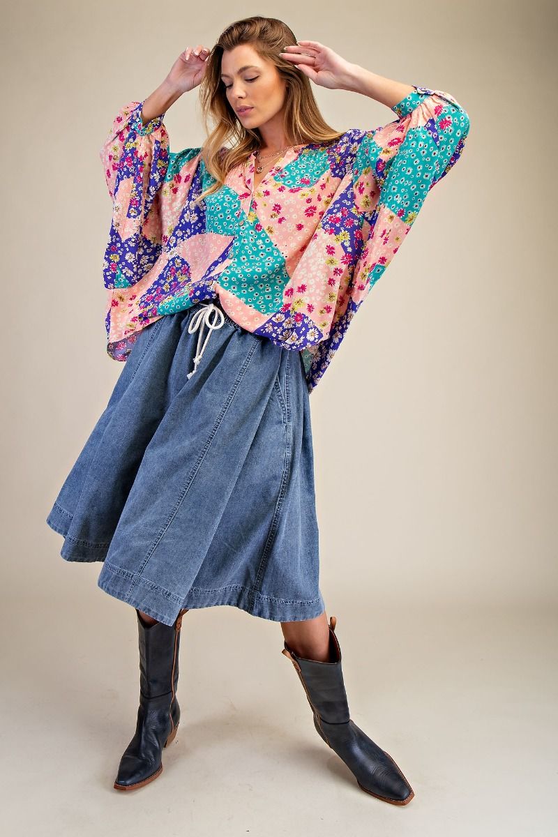 PATCHWORK PRINT GAUZE BUTTON DOWN TOP