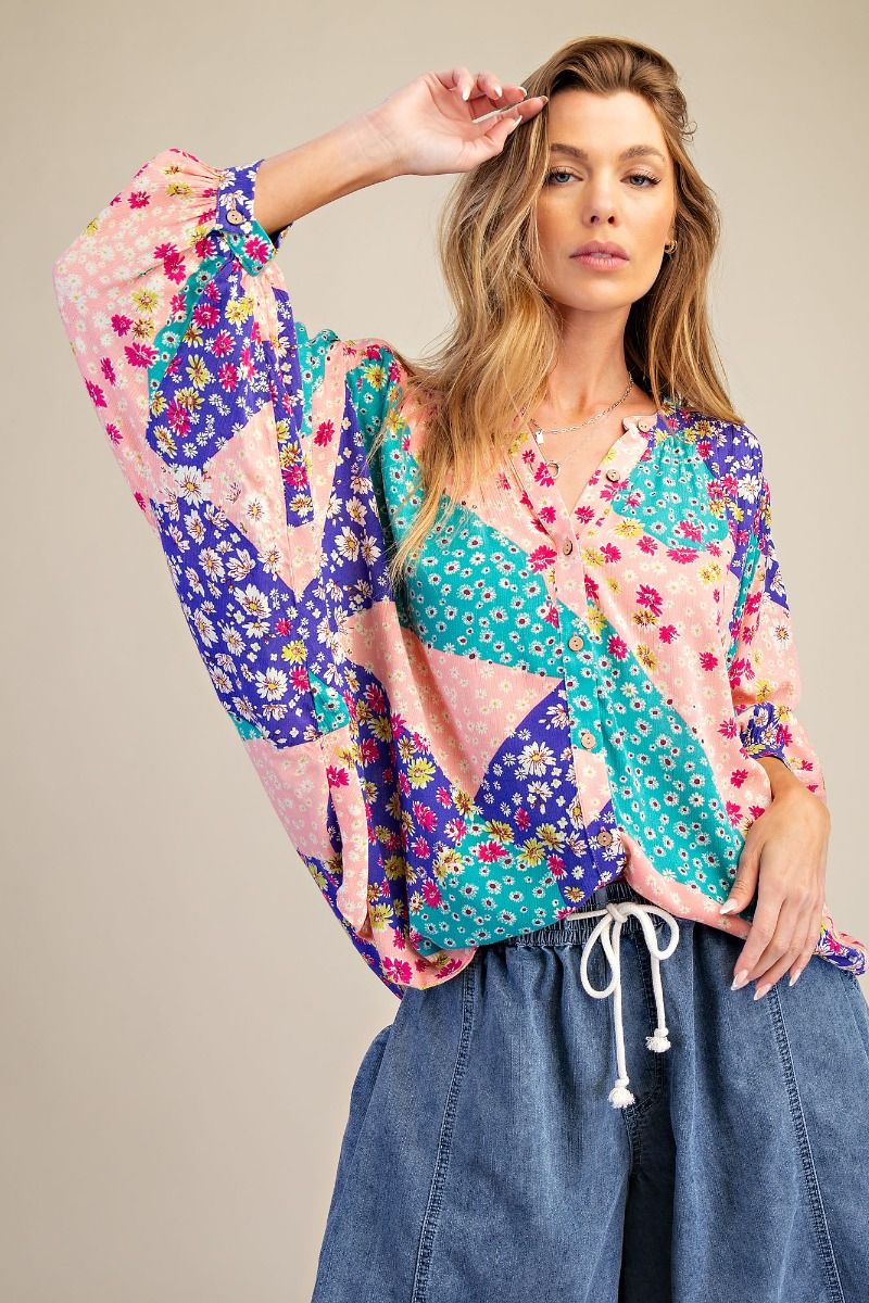 PATCHWORK PRINT GAUZE BUTTON DOWN TOP