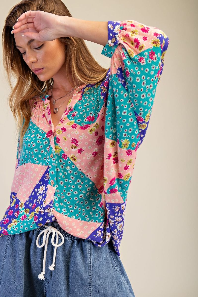 PATCHWORK PRINT GAUZE BUTTON DOWN TOP