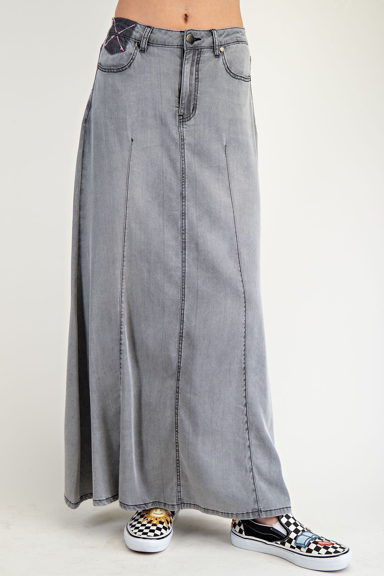 Smoked Washed Denim Maxi Skirt