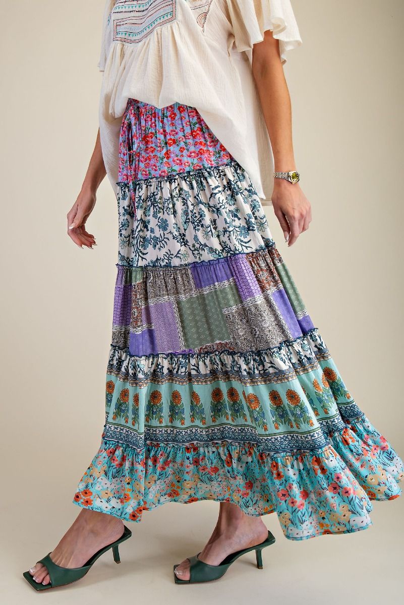 PLUS SIZE-BOHEMIAN MULTI PRINT MIX TIERED MAXI SKIRT