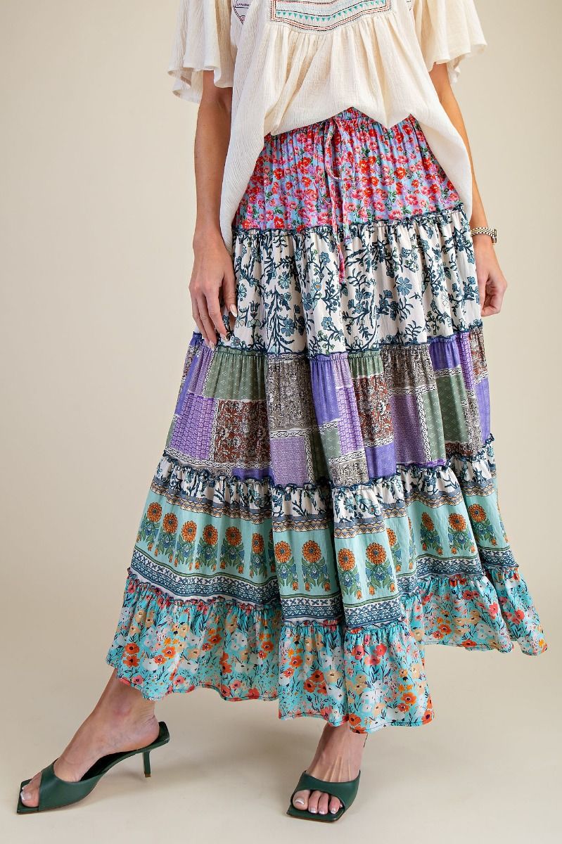 PLUS SIZE-BOHEMIAN MULTI PRINT MIX TIERED MAXI SKIRT