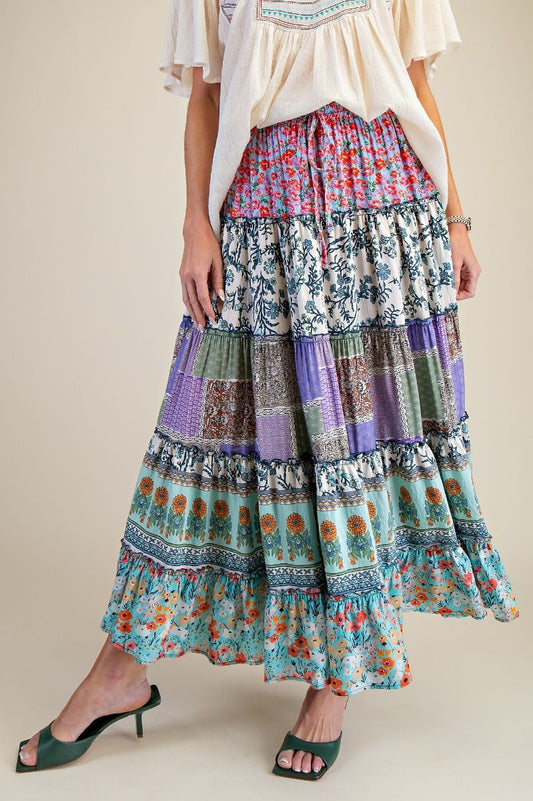 PLUS SIZE-BOHEMIAN MULTI PRINT MIX TIERED MAXI SKIRT