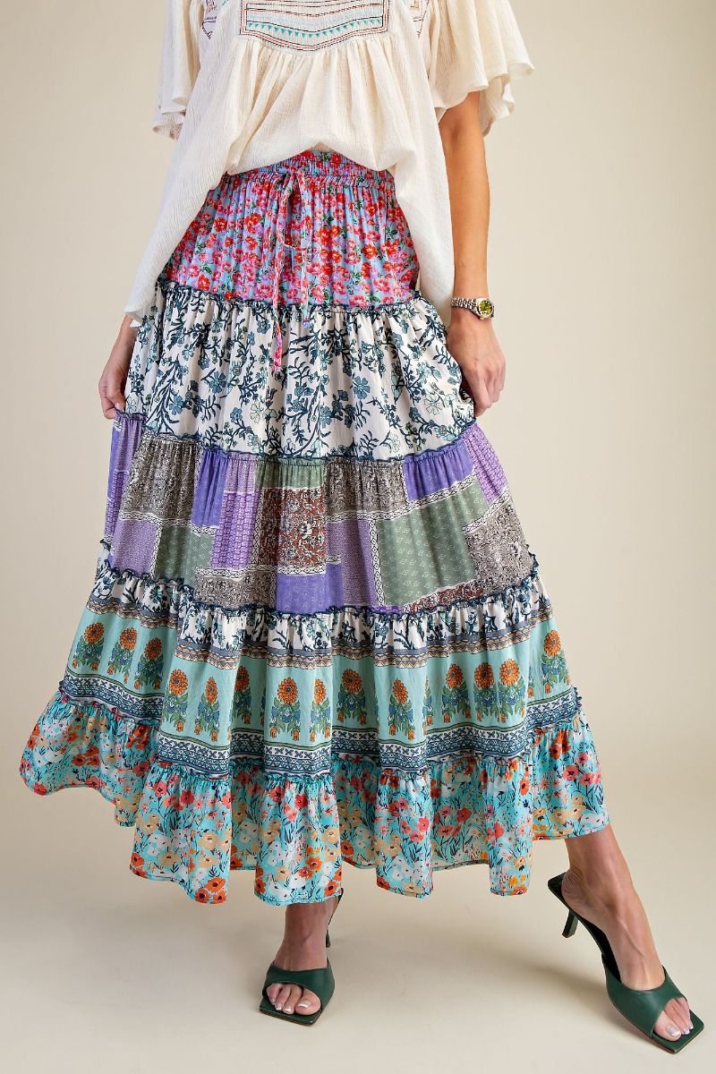 PLUS SIZE-BOHEMIAN MULTI PRINT MIX TIERED MAXI SKIRT