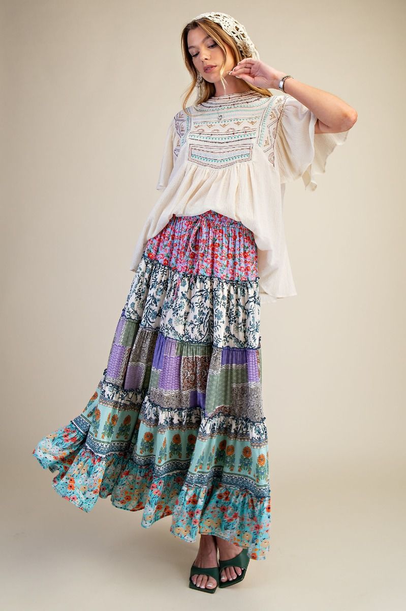 PLUS SIZE-BOHEMIAN MULTI PRINT MIX TIERED MAXI SKIRT