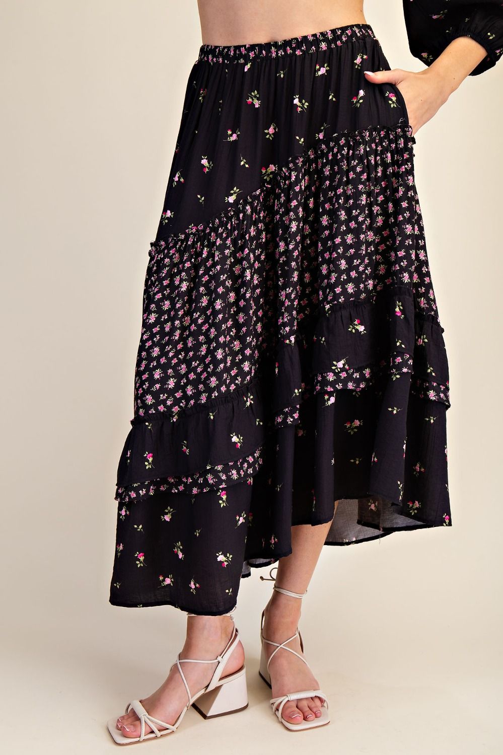 FLORAL BLACK> MIX PRINT BLOSSOM TIERED MIDI SKIRT