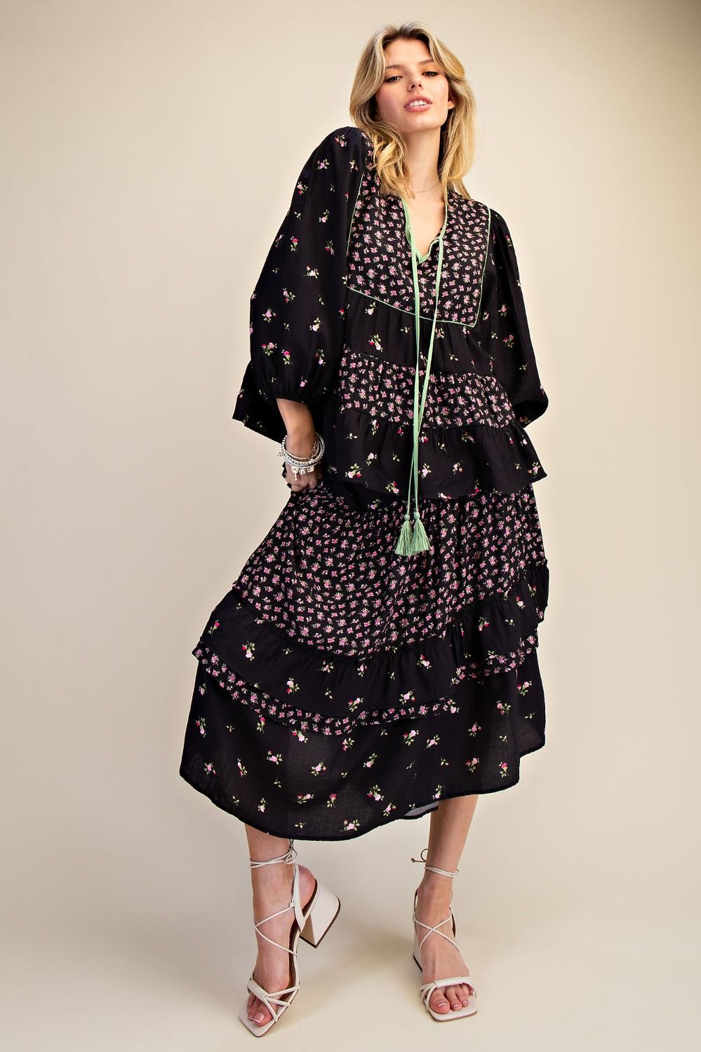 FLORAL BLACK> MIX PRINT BLOSSOM TIERED MIDI SKIRT