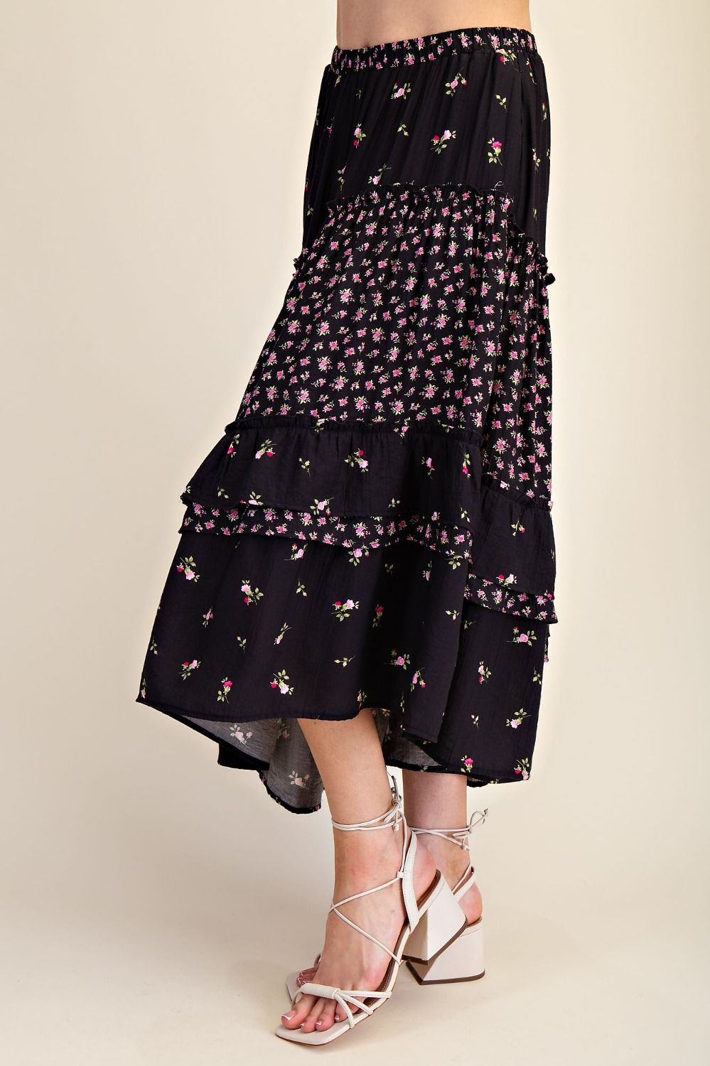 FLORAL BLACK> MIX PRINT BLOSSOM TIERED MIDI SKIRT