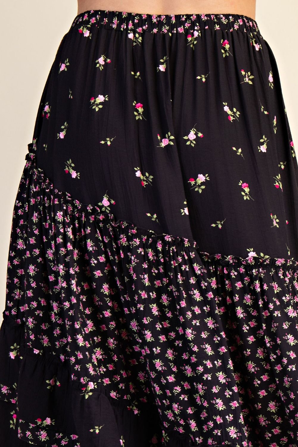 FLORAL BLACK> MIX PRINT BLOSSOM TIERED MIDI SKIRT