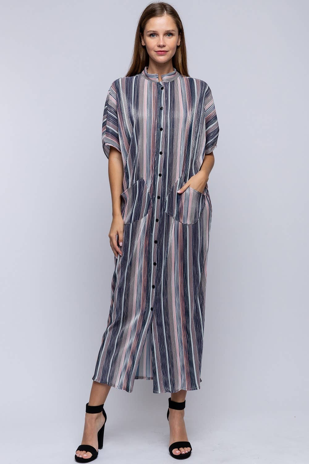 PLEATED METALLIC SOFT DRESS WITH POCKETS