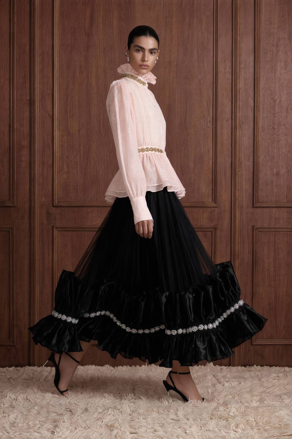 Embellished Ruffle Collar Organza Blouse