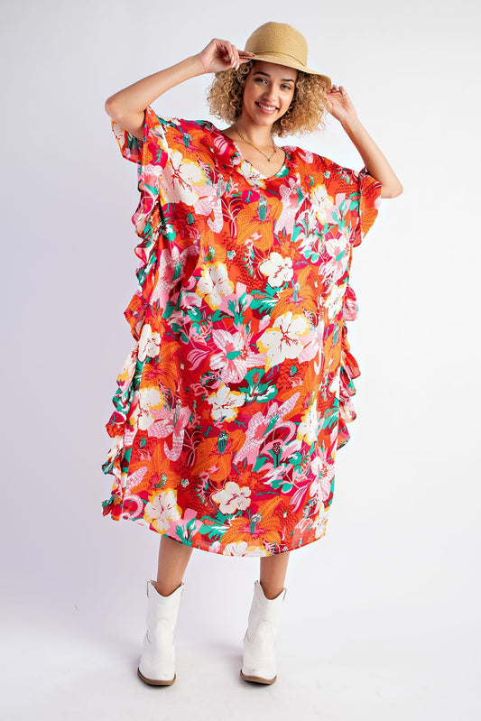 TROPICAL PRINT RAYON CHALLIS MIDI DRESS