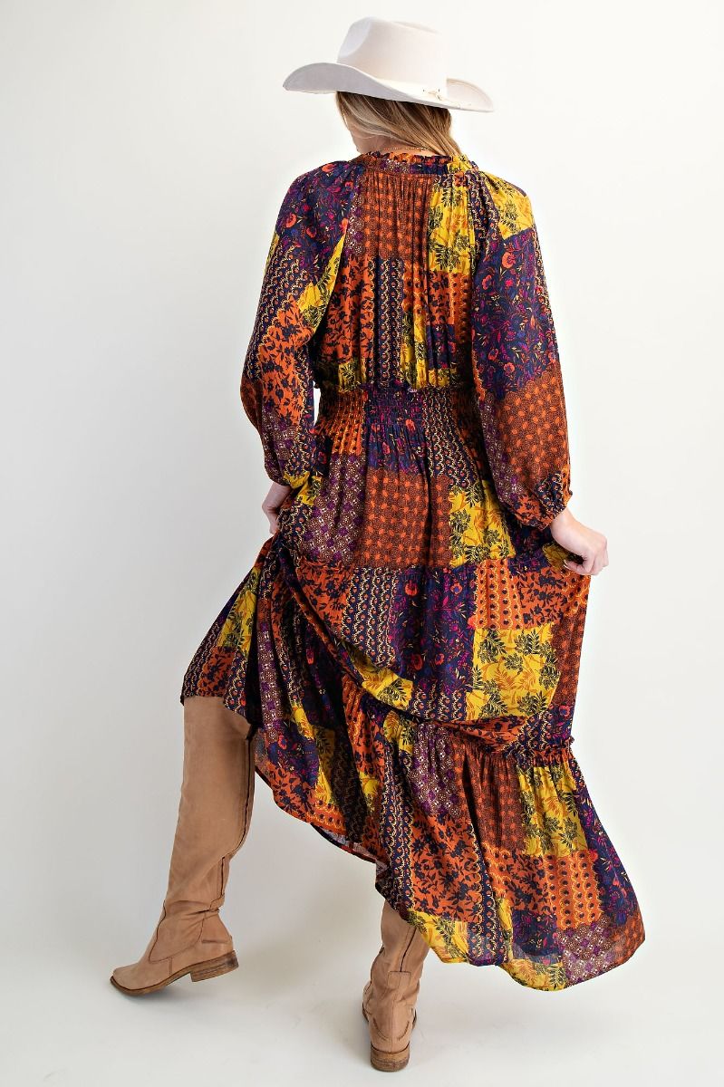 Golden Harvest Patchwork Smocked Maxi Dress