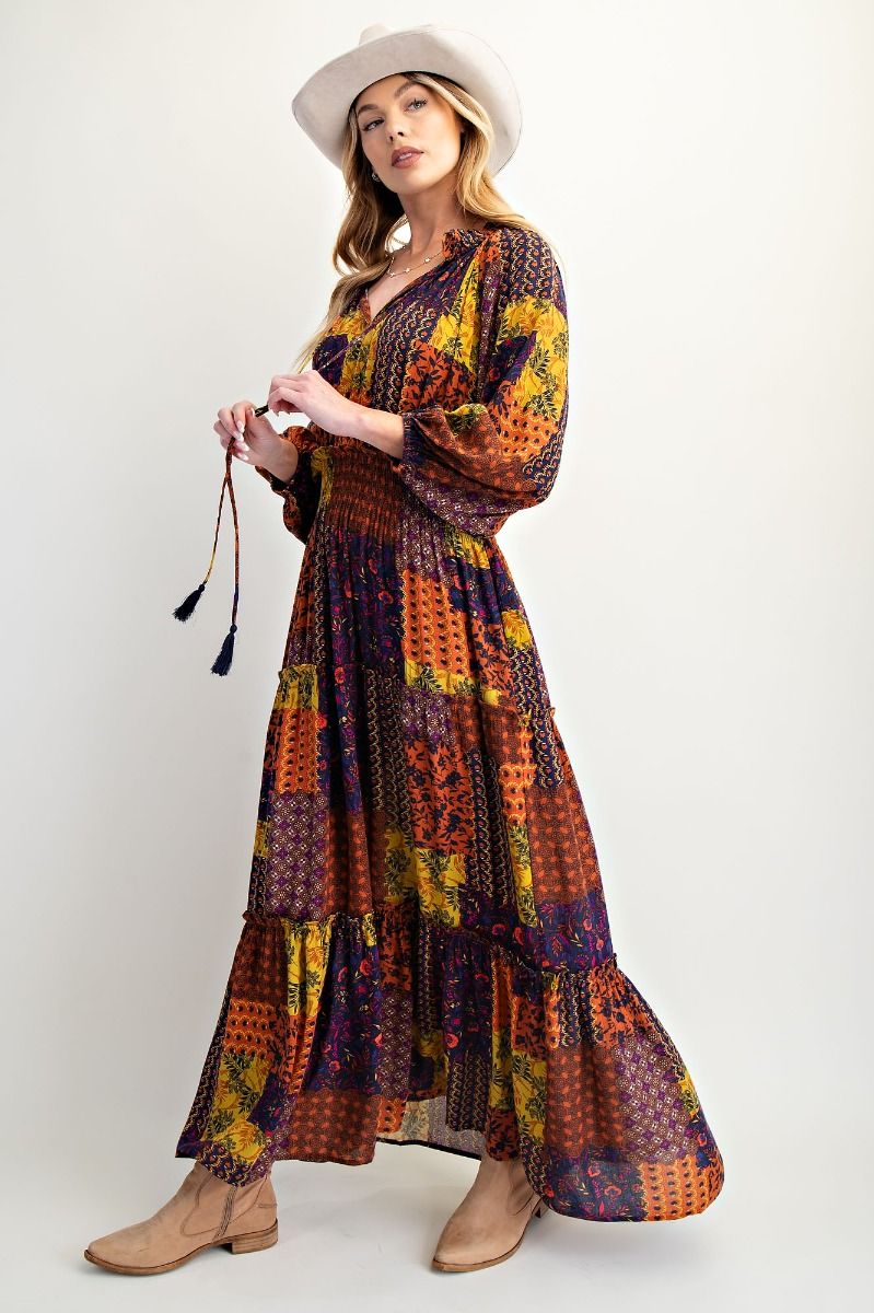 Golden Harvest Patchwork Smocked Maxi Dress