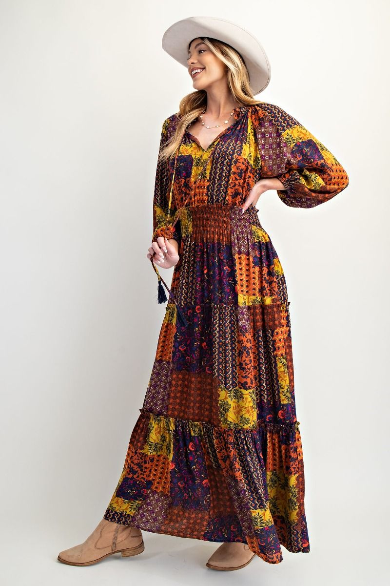 Golden Harvest Patchwork Smocked Maxi Dress
