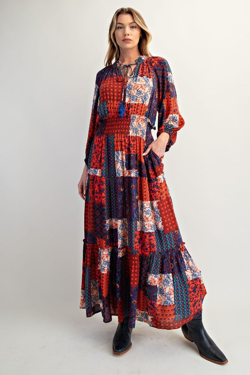 Crimson Wanderer Patchwork Smocked Maxi Dress