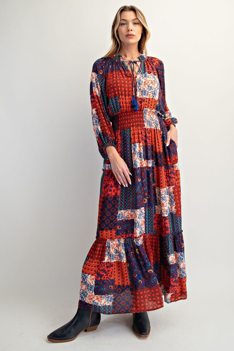 Crimson Wanderer Patchwork Smocked Maxi Dress