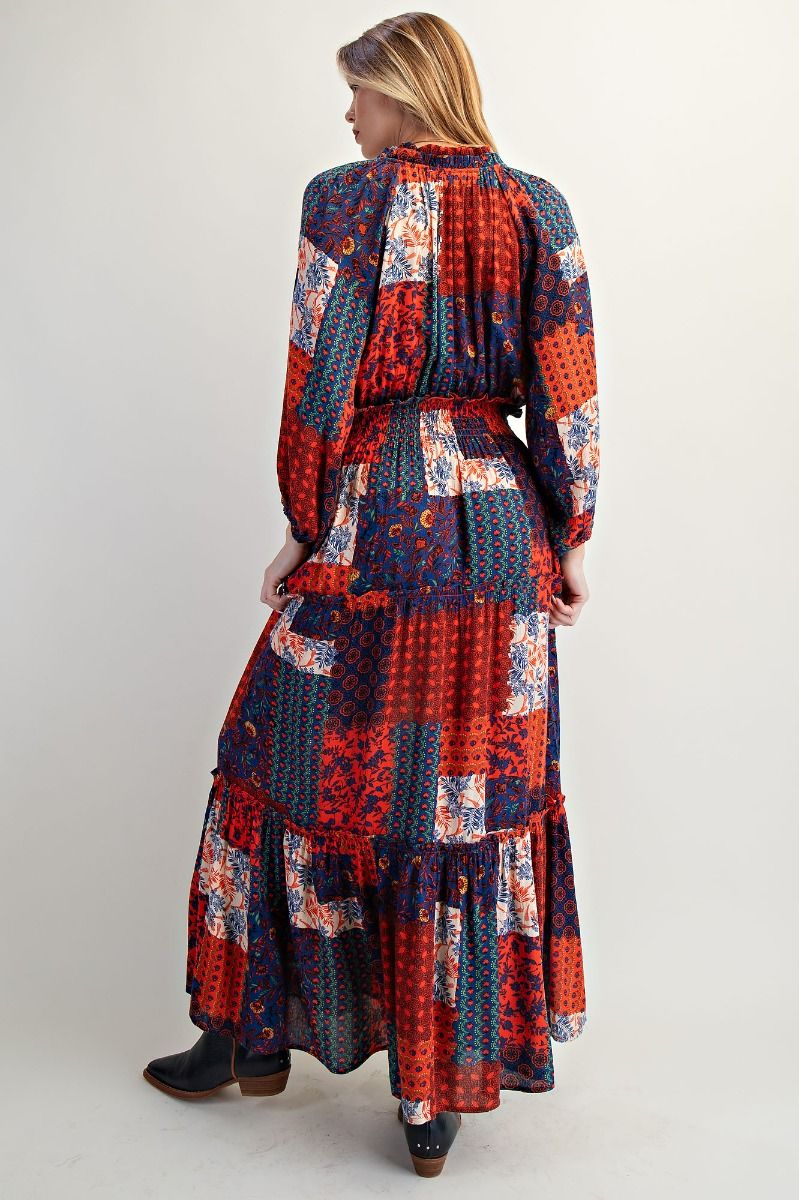 Crimson Wanderer Patchwork Smocked Maxi Dress