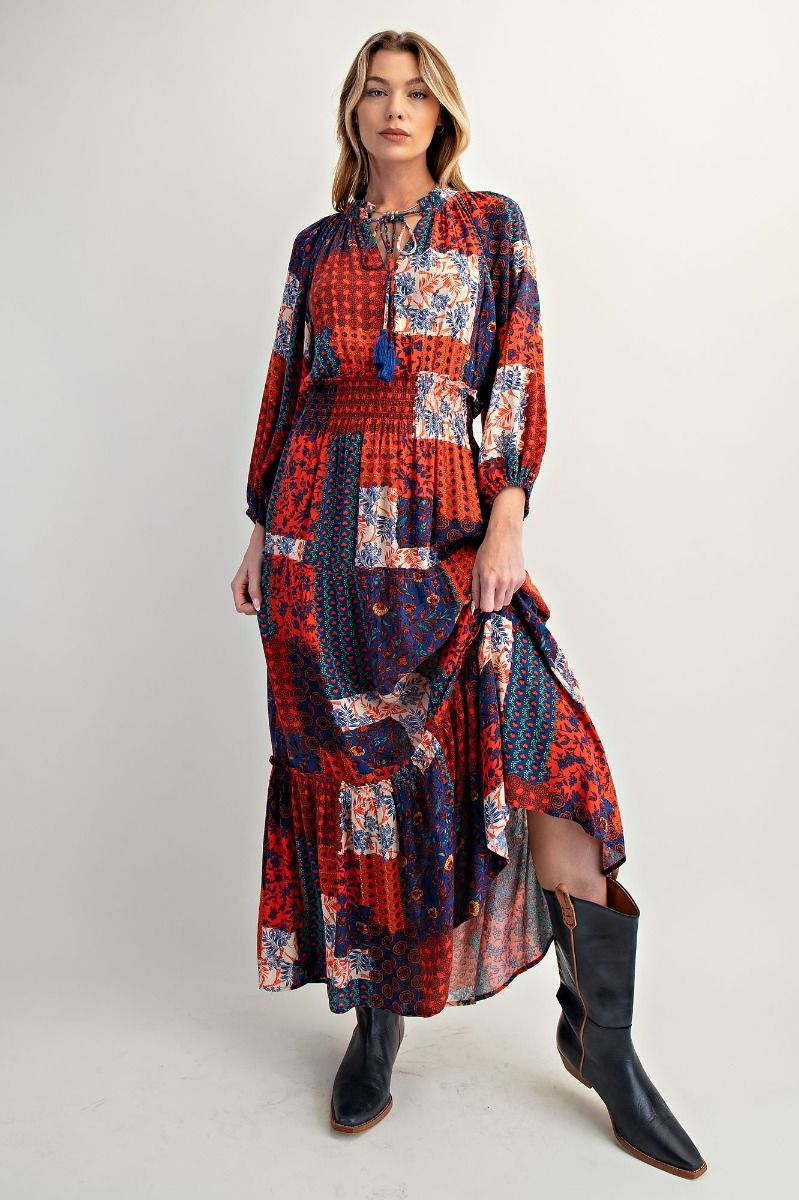 Crimson Wanderer Patchwork Smocked Maxi Dress