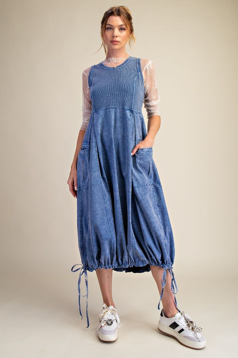 MINERAL WASHED RIB KNIT & COTTON WOVEN MIX CARGO MAXI DRESS