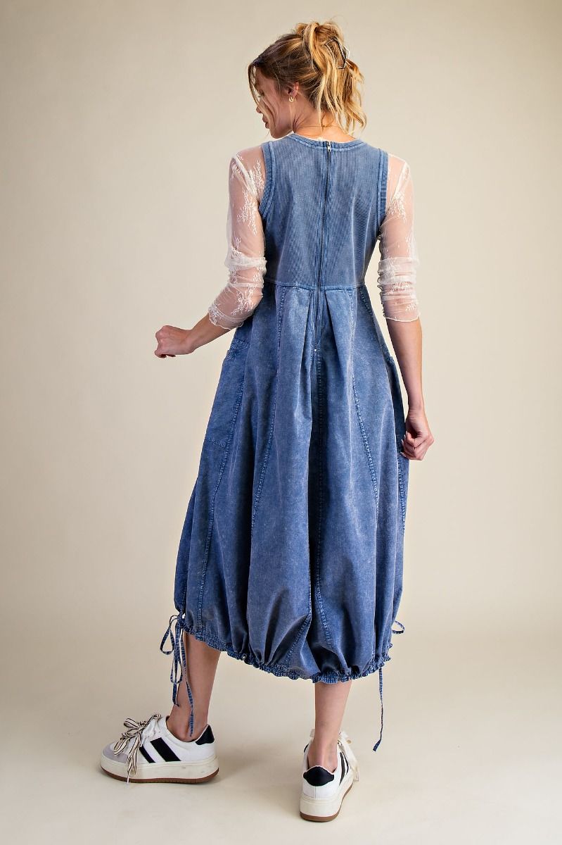 MINERAL WASHED RIB KNIT & COTTON WOVEN MIX CARGO MAXI DRESS