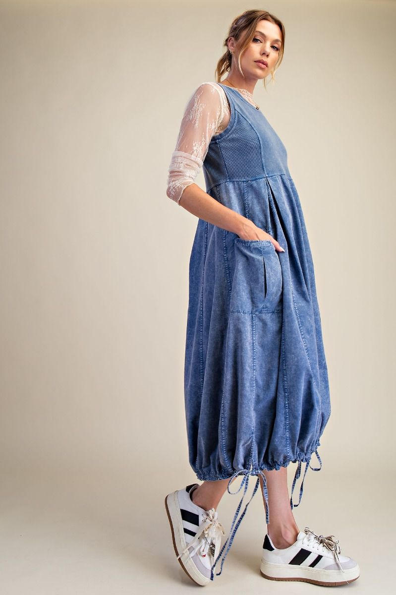 MINERAL WASHED RIB KNIT & COTTON WOVEN MIX CARGO MAXI DRESS