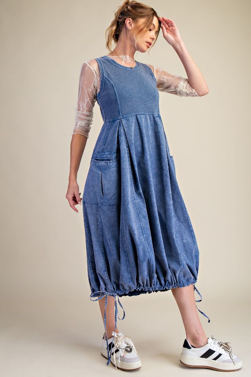 MINERAL WASHED RIB KNIT & COTTON WOVEN MIX CARGO MAXI DRESS