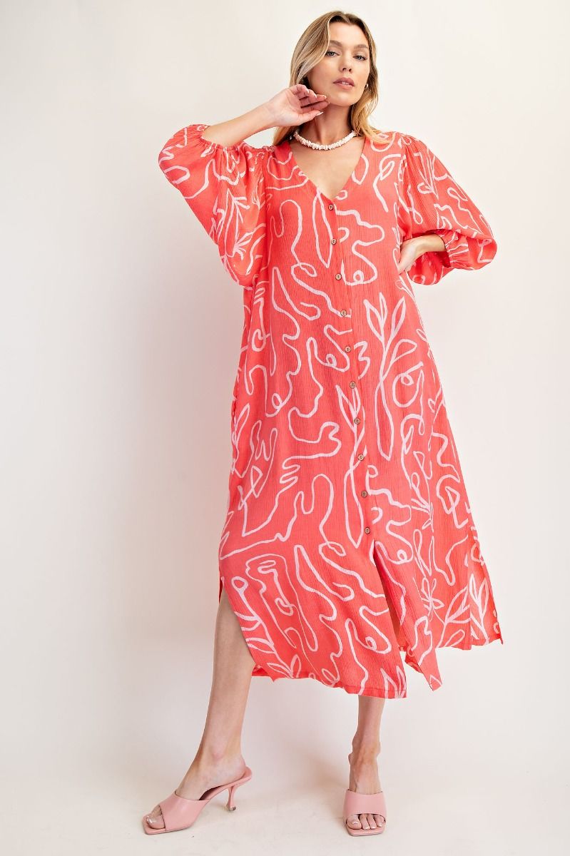STRAWBERRY PINK PLUS SIZE-PRINTED PEACH BLOSSOM BUTTON DOWN MAXI DRESS