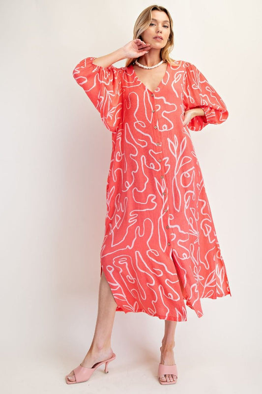 STRAWBERRY PINK PLUS SIZE-PRINTED PEACH BLOSSOM BUTTON DOWN MAXI DRESS