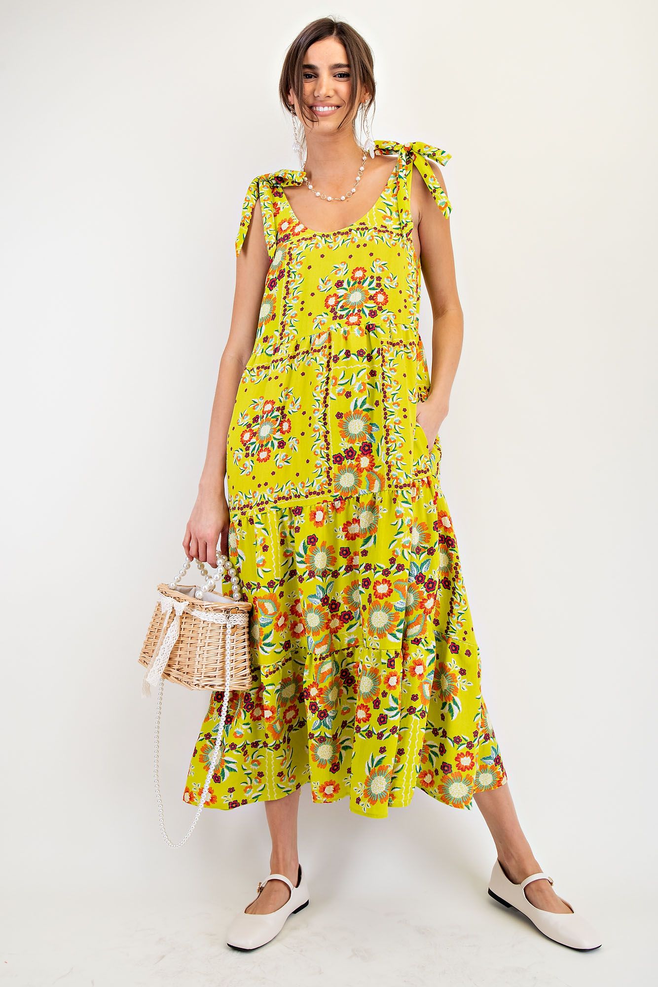 lime orange PRINTED RAYON NYLON TIERED MAXI DRESS