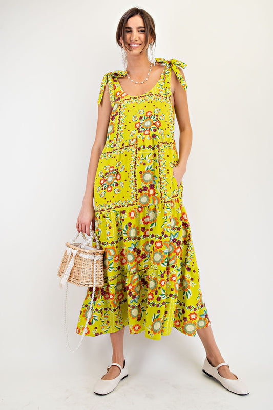 lime orange PRINTED RAYON NYLON TIERED MAXI DRESS
